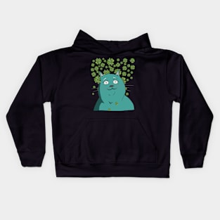 Green Cat & Clovers Funny Retro Shamrock St Patricks Day Kids Hoodie